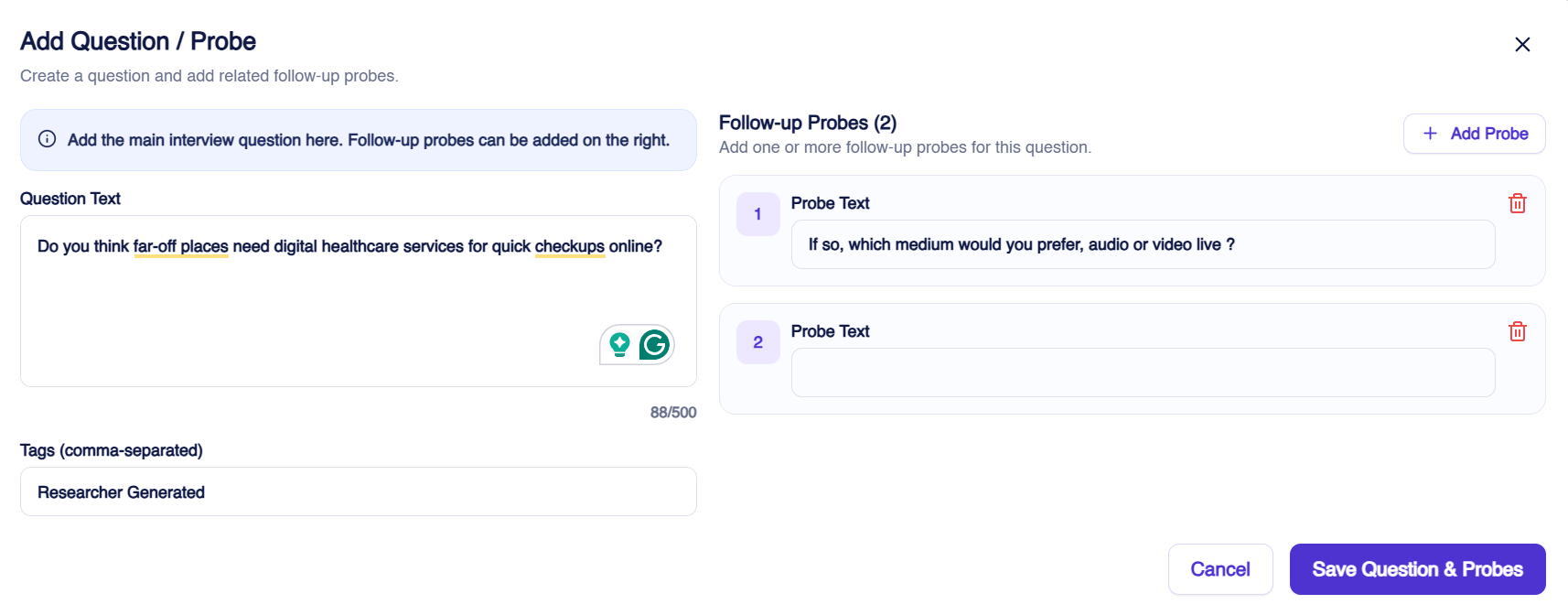 Add Question and Probe dialog with question text, tags and two follow-up probes for the AI moderator