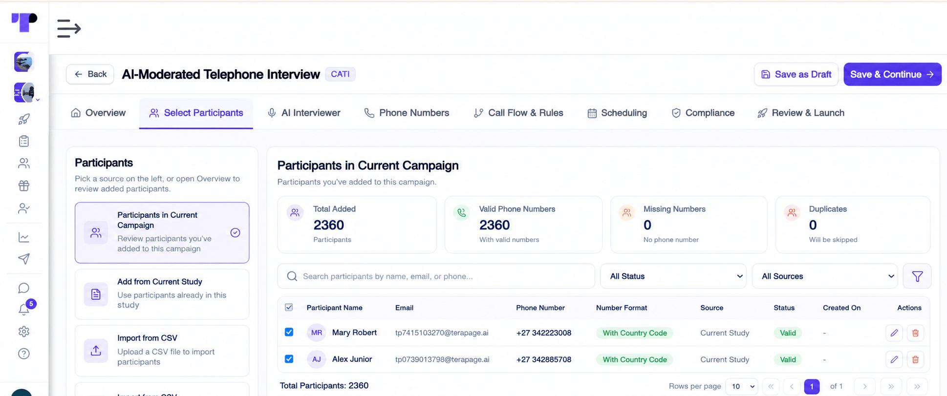 Participants added to an AI-moderated telephone interview campaign with valid, missing and duplicate phone number checks
