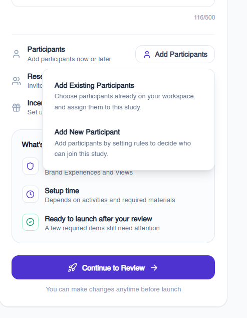 Add Participants menu in a Terapage template-based study with options to add existing participants or add new participants by rules