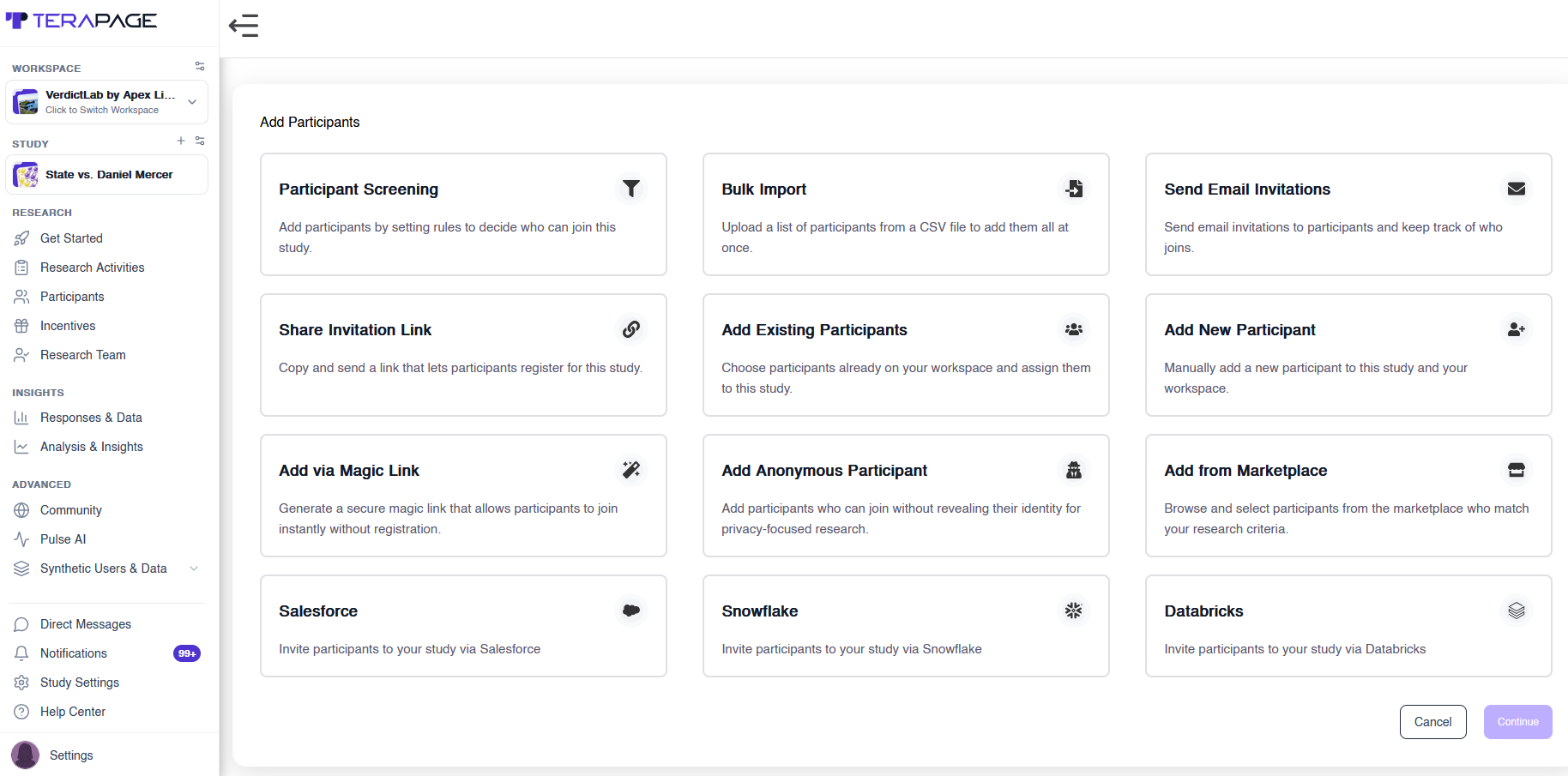 Options to add real participants through screening, bulk import, invitations, magic links, marketplace and integrations