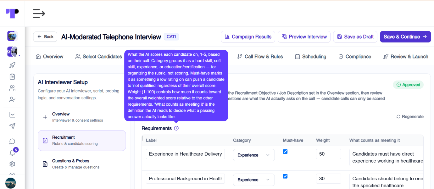 AI-generated candidate screening rubric with requirement labels, categories, must-have flags, weights and pass definitions
