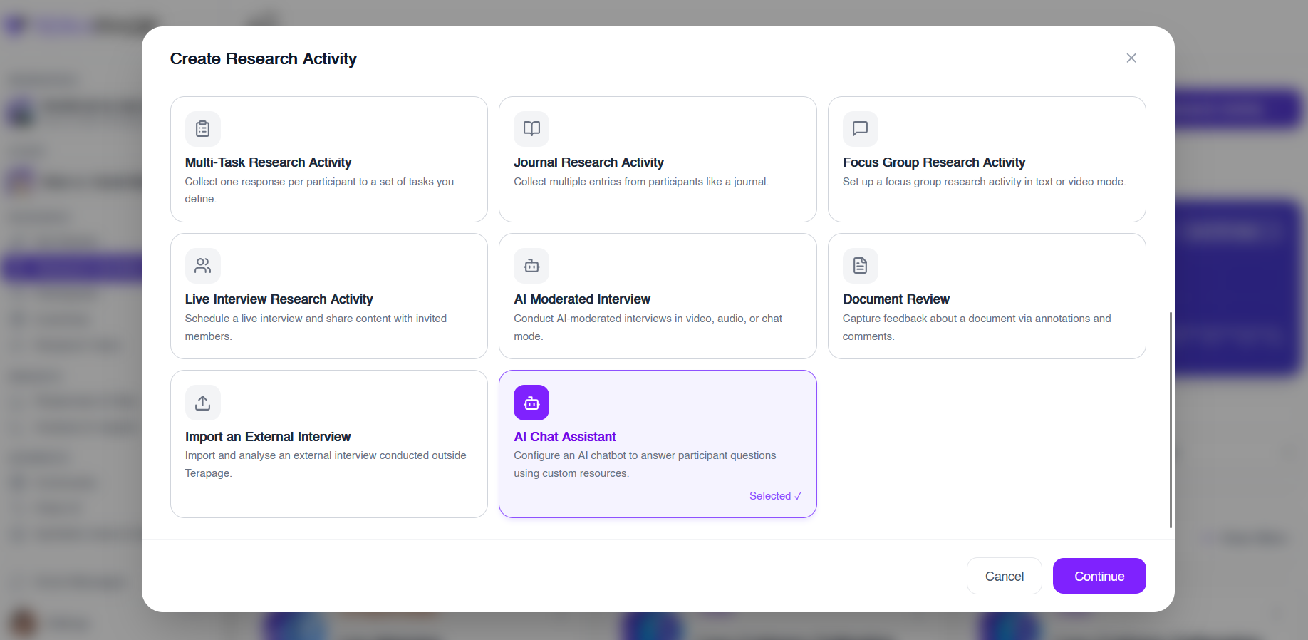 AI Chat Assistant selected as the research activity type when creating a new research activity on Terapage