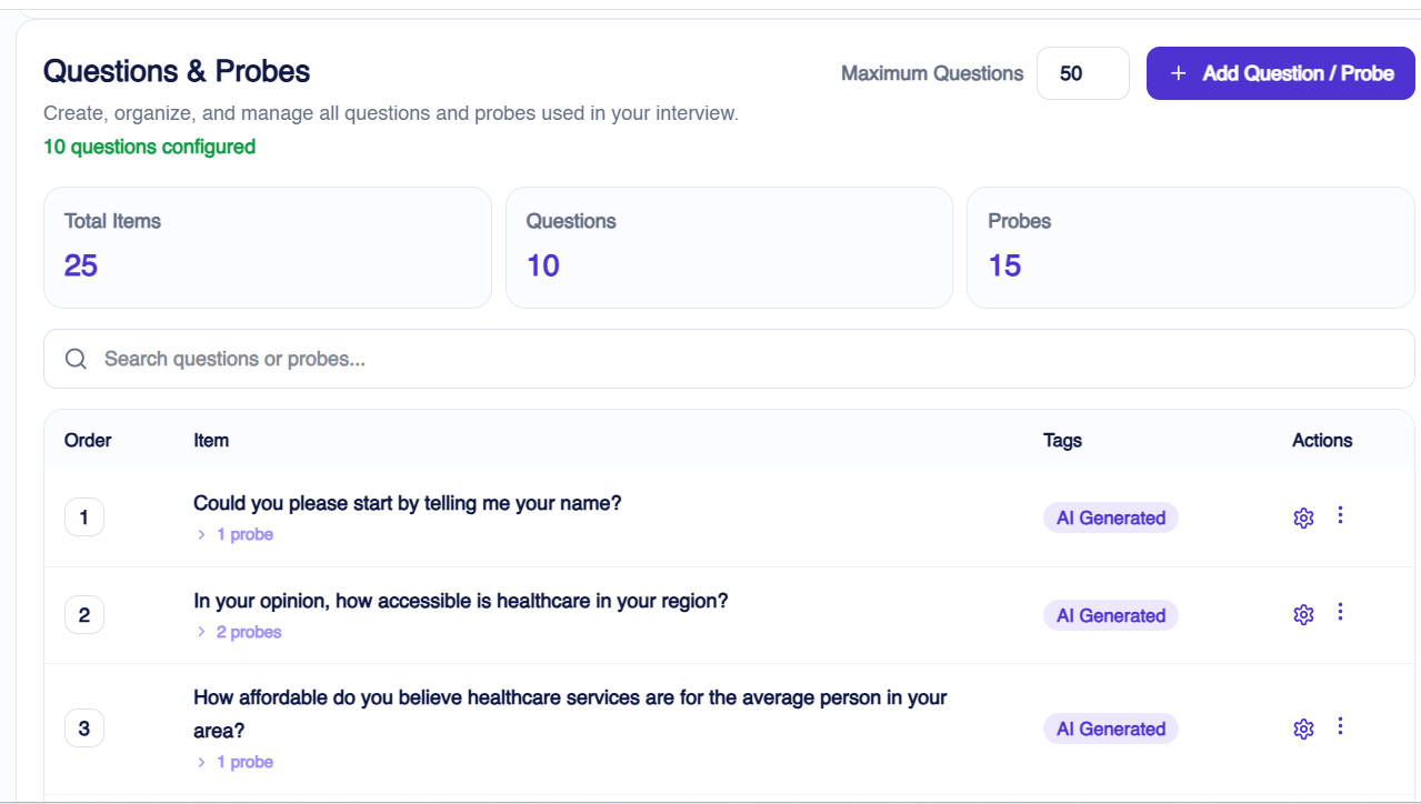 Researcher reviewing AI-generated interview questions and probes with options to add, edit, or remove questions