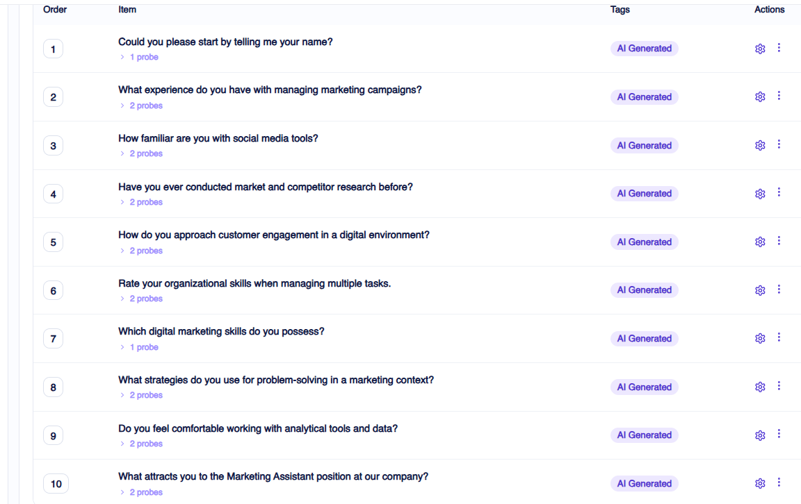 List of AI-generated interview questions, each tagged AI Generated with its number of follow-up probes