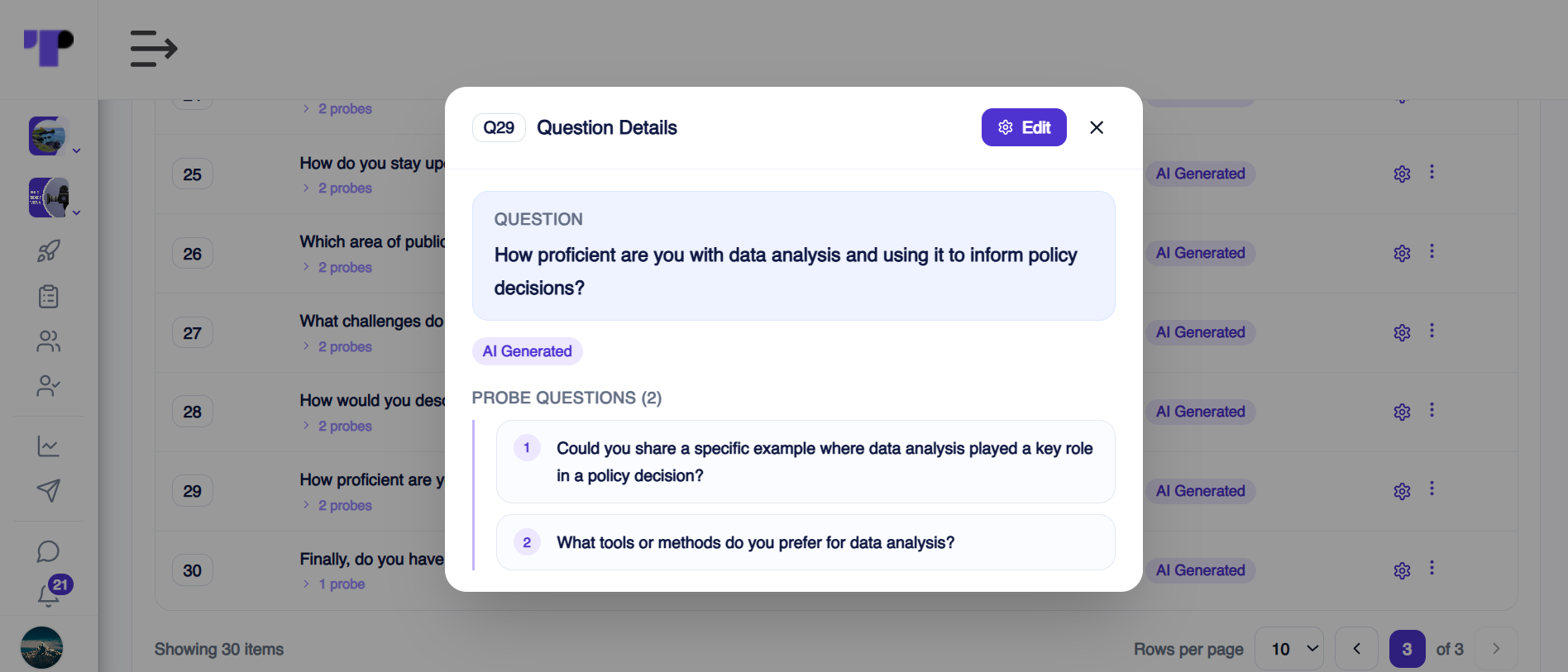 AI-generated screening question with its probe questions about data analysis proficiency