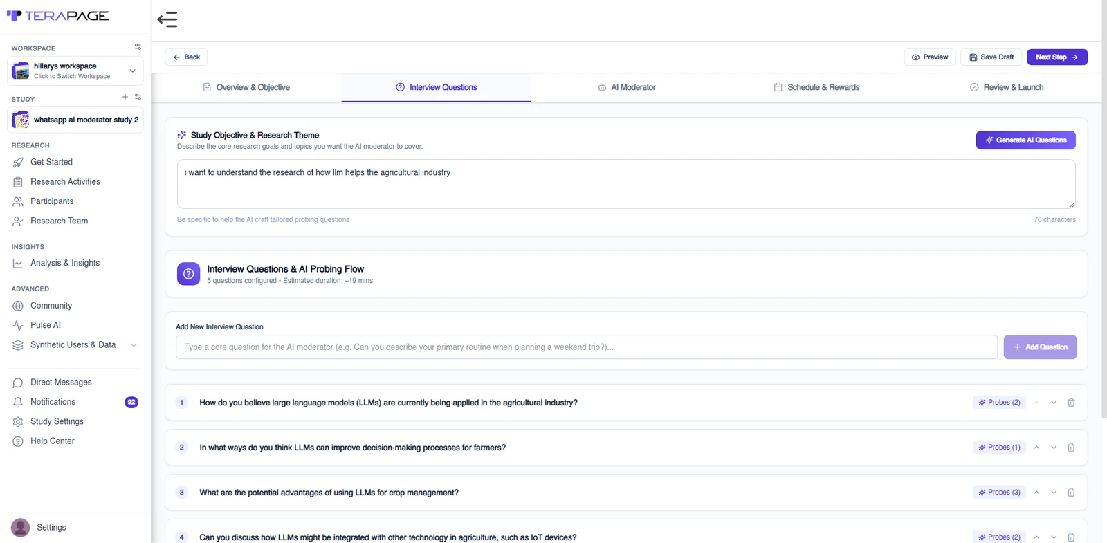 Researcher reviewing, adding and editing AI-generated questions for a WhatsApp AI-moderated interview during activity design on Terapage