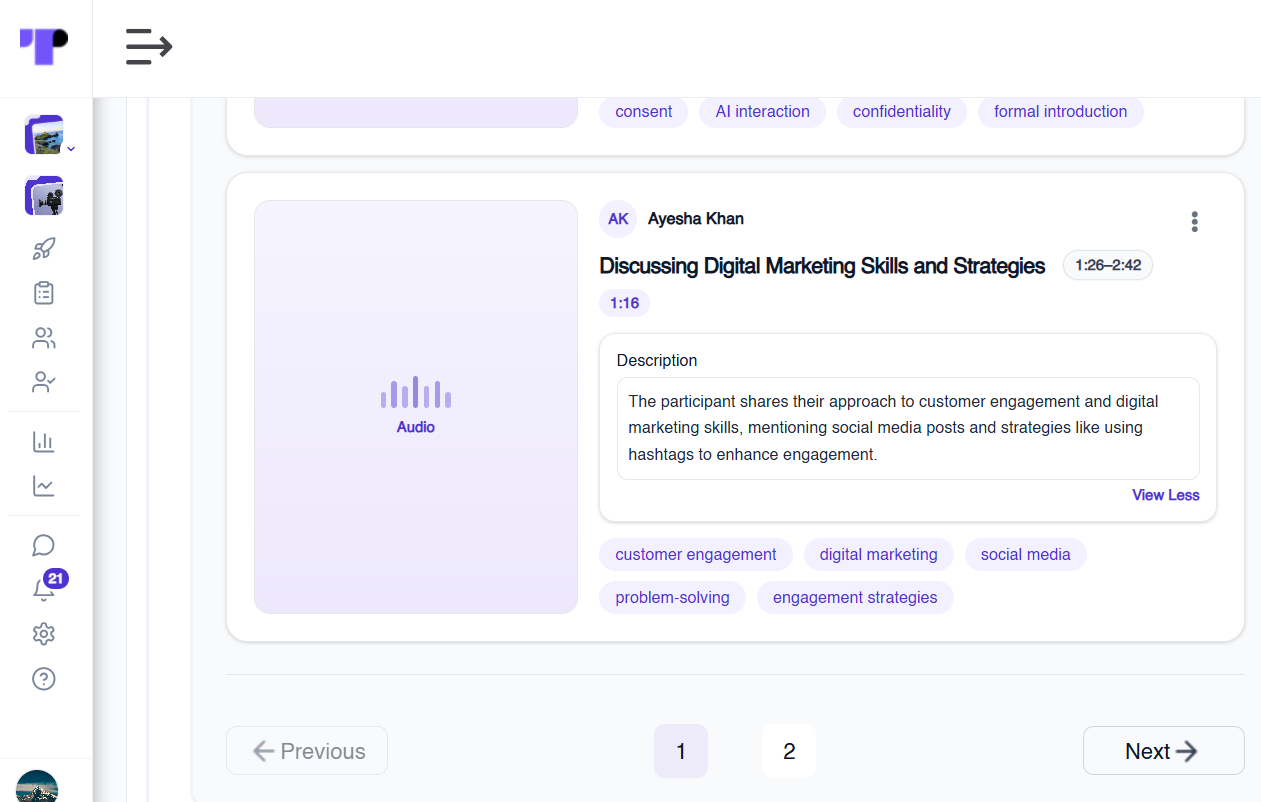 AI-generated highlight reel clip of a candidate discussing digital marketing skills, with topic tags