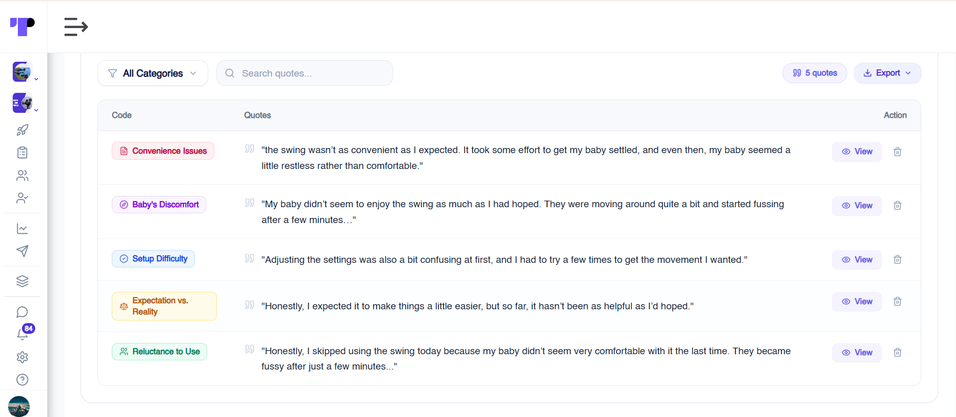 AI-powered individual analysis in Terapage coding baby swing journal quotes into convenience issues, discomfort and setup difficulty