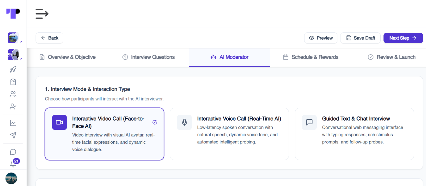 Choosing the interview mode for an AI-moderated interview: interactive video call, voice call or guided text chat