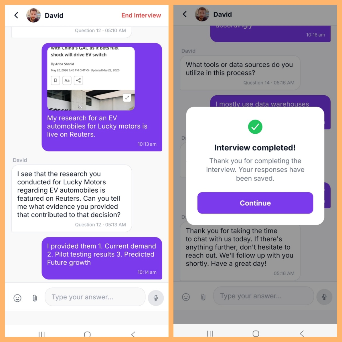 AI-moderated chat interview on mobile where a candidate shares a link and answers screening questions