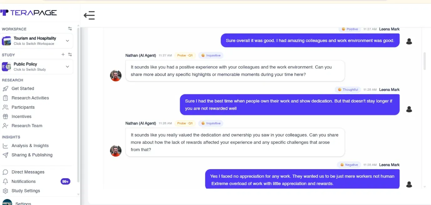 AI-moderated interview tagging the sentiment of each participant message as it shifts from positive to negative