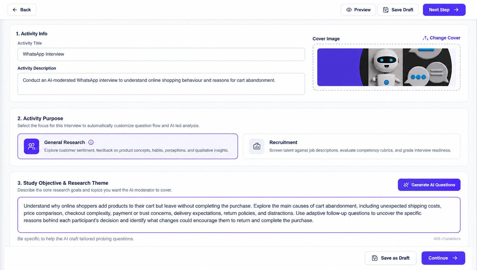 Activity details, activity purpose and study objective for an AI-moderated interview, with a Generate AI Questions button