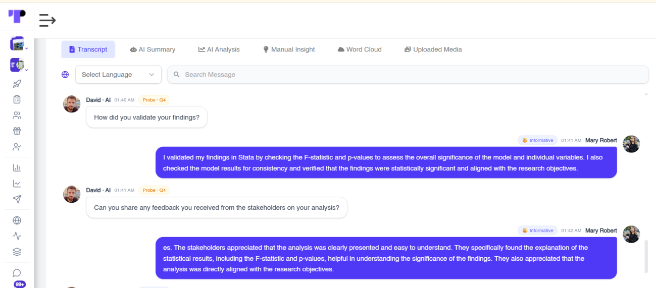 Searchable AI-moderated interview transcript with tagged participant answers and AI summary, AI analysis and word cloud tabs