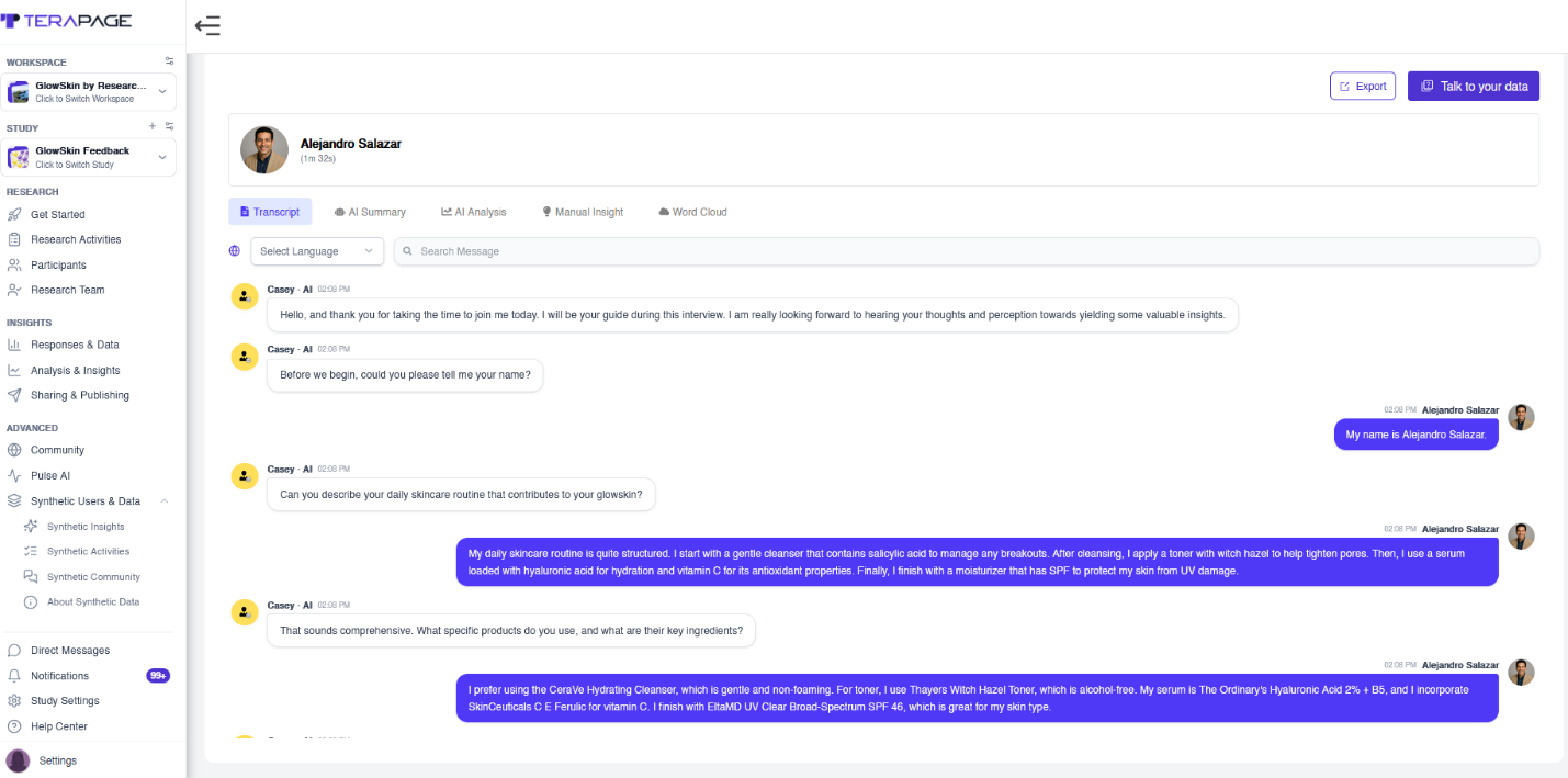 AI-moderated interview transcript showing the AI moderator's questions and the participant's answers