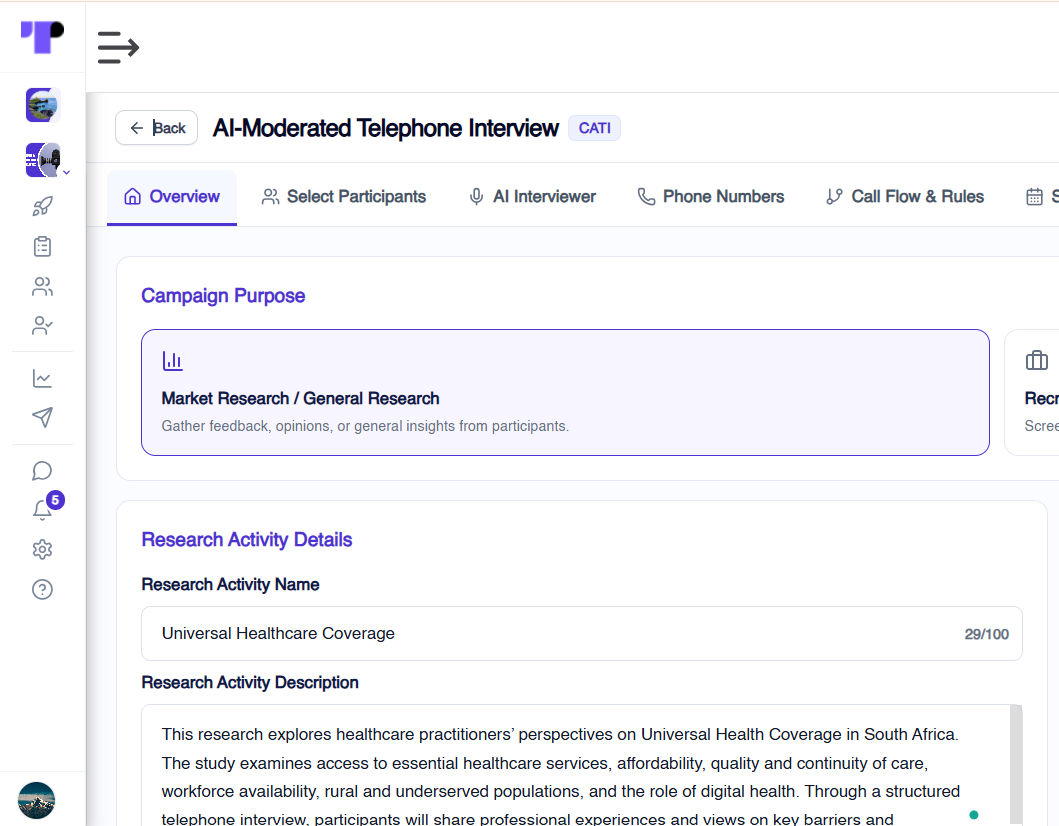 Researcher adding an AI-moderated telephone interview activity and defining research objectives in Terapage