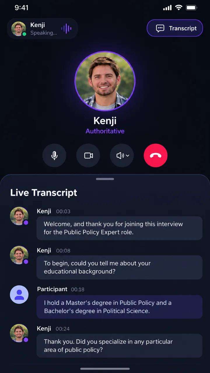 AI-moderated voice interview on a mobile phone with a live transcript of the participant conversation