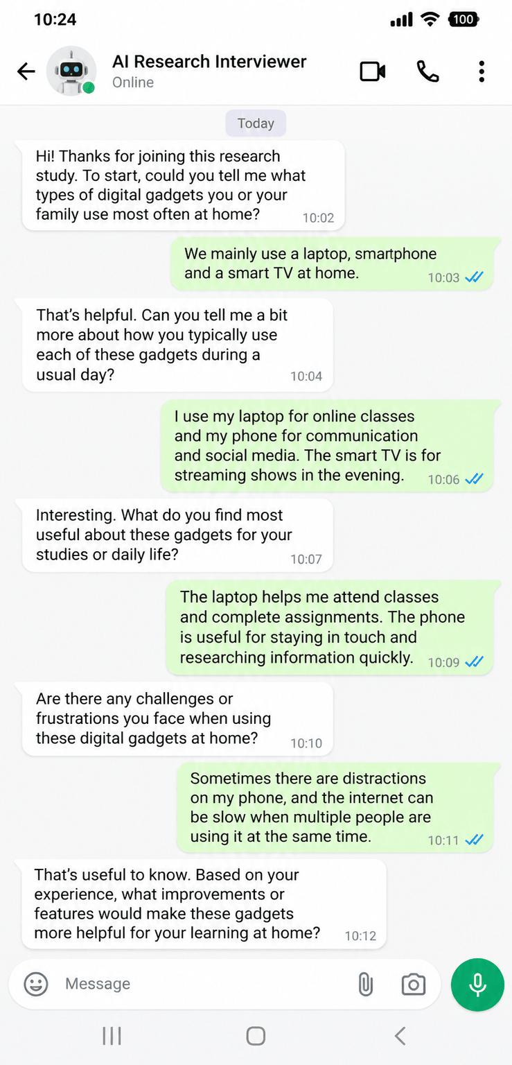 AI-moderated WhatsApp interview on a mobile phone with an AI research interviewer asking follow-up questions