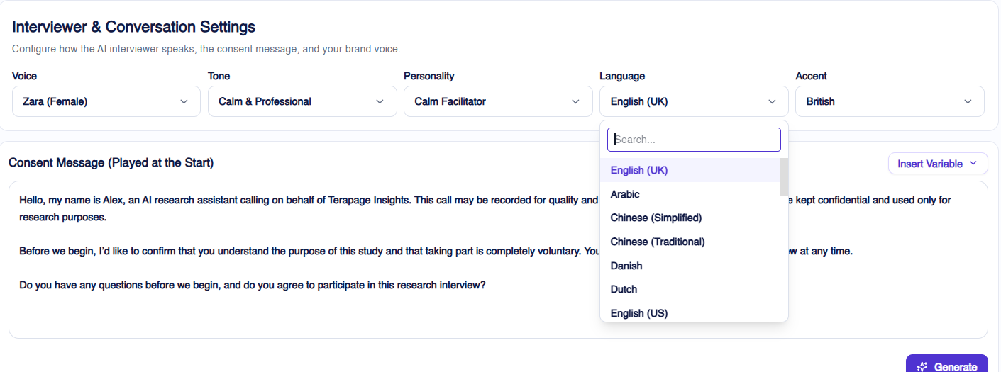 Selecting the AI moderator's language and accent for multilingual telephone interviews