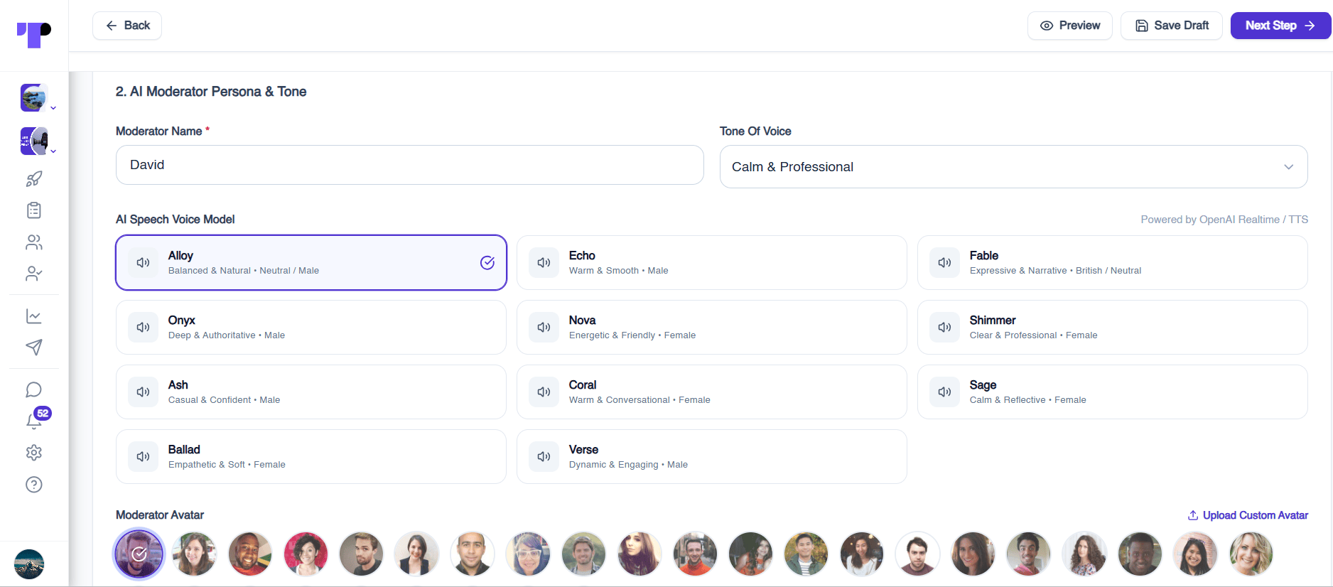 AI moderator persona settings with moderator name, tone of voice, AI speech voice models and avatar choices