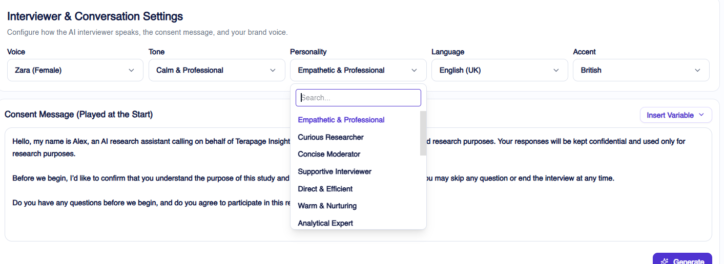 AI moderator personality options for telephone interviews, matched to study requirements and research context