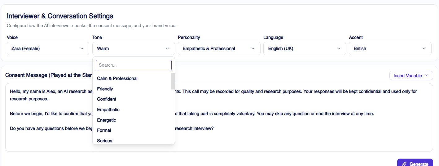 AI moderator tone options for telephone interviews, letting researchers pick a tone that fits the study