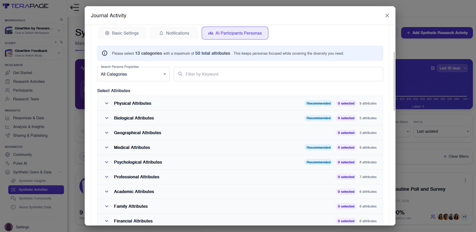 AI persona attribute categories in Terapage, including physical, medical, psychological, professional and financial attributes