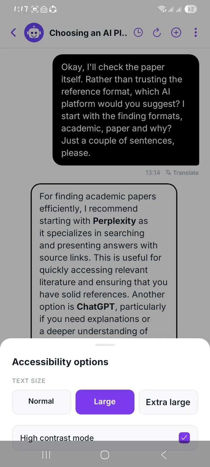 AI study assistant accessibility options with larger text sizes and high contrast mode