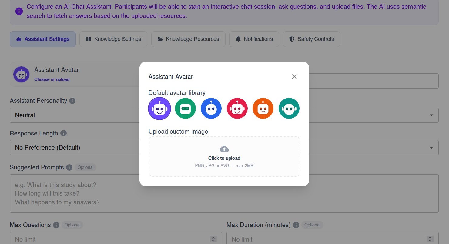 Choosing an avatar for an AI study assistant from the default avatar library or uploading a custom image