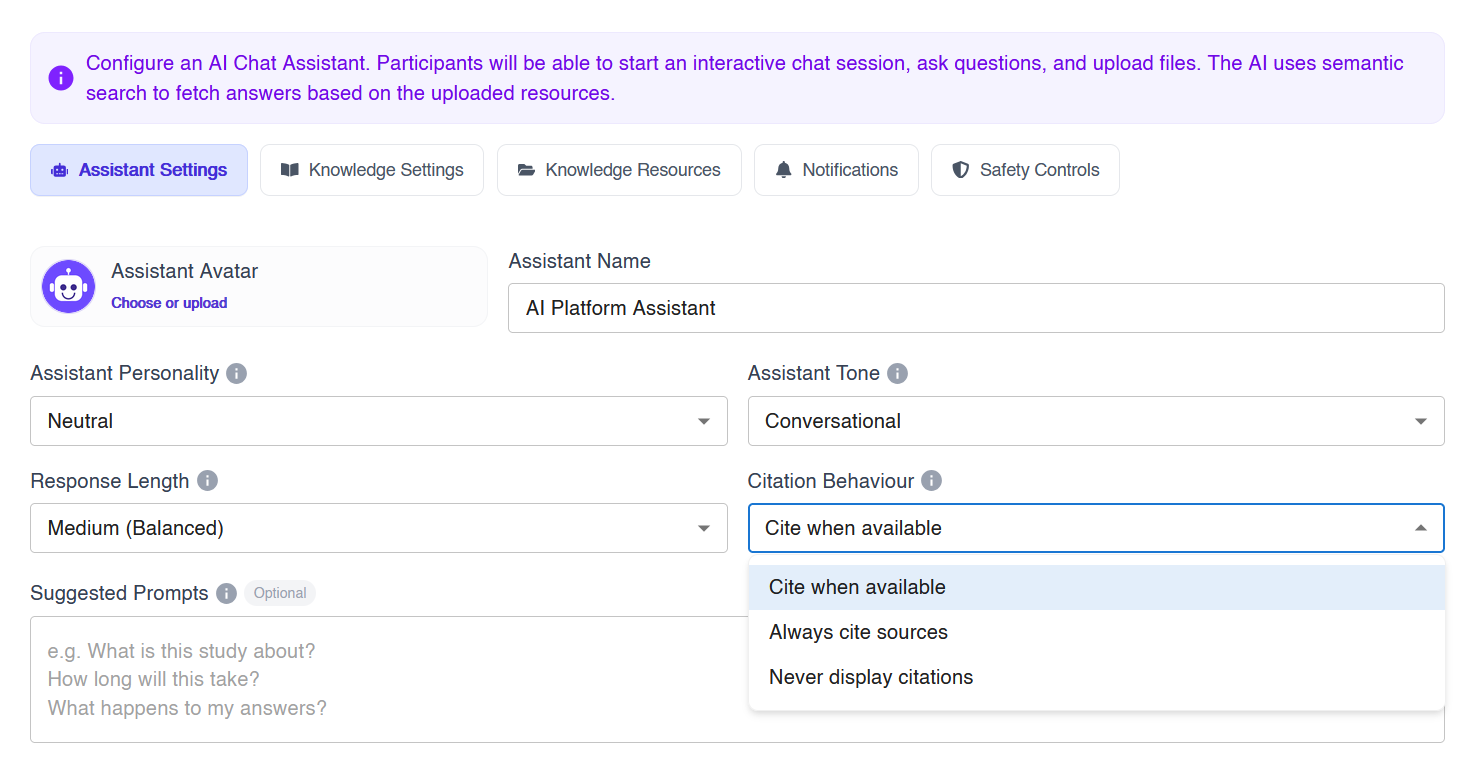 AI study assistant citation behaviour settings: cite when available, always cite sources or never display citations
