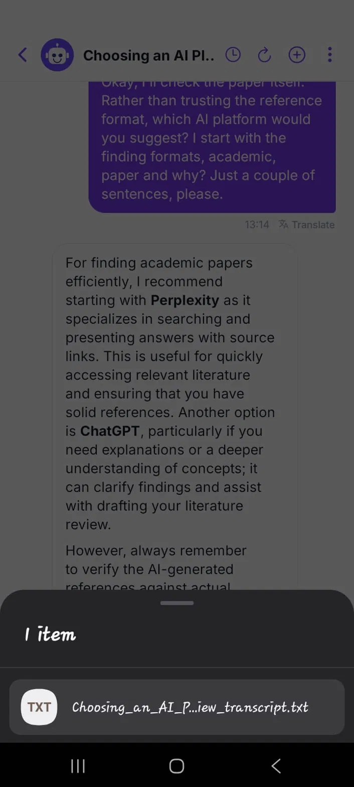 Downloading the AI study assistant chat transcript as a text file on mobile