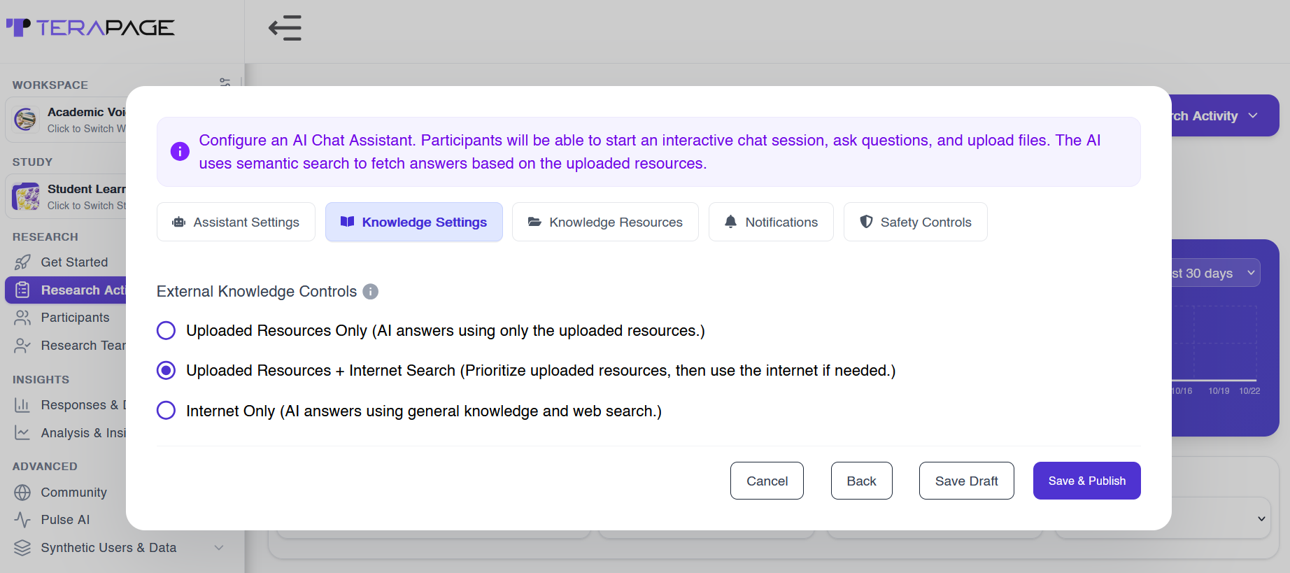 AI study assistant external knowledge controls: uploaded resources only, uploaded resources plus internet search, or internet only