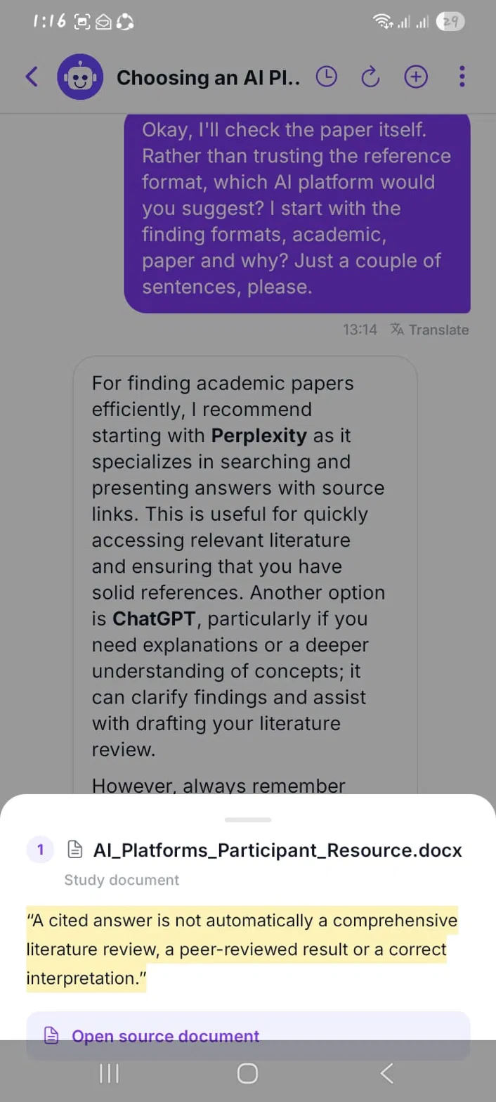 Source citation opened in the AI study assistant showing the highlighted quote from the study document
