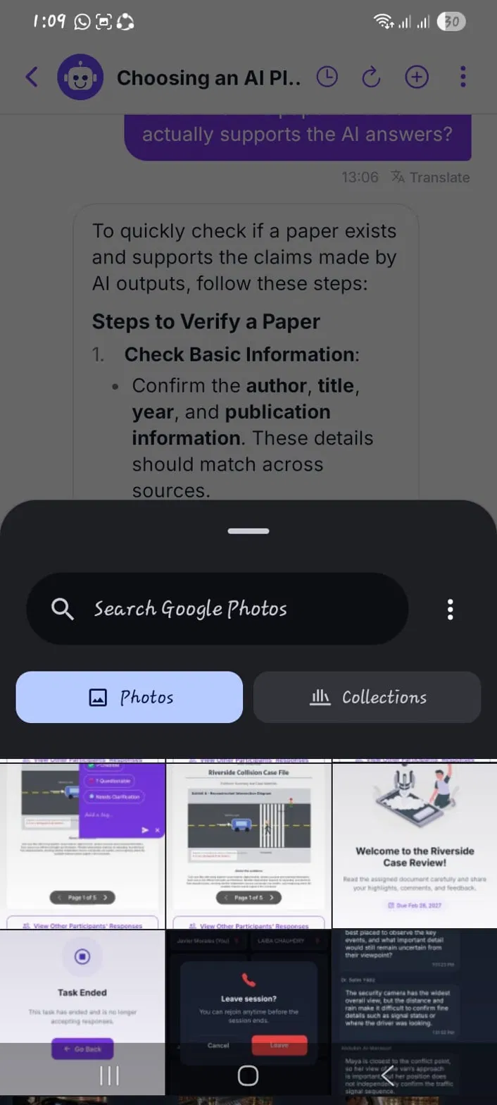 Participant attaching an image to the AI study assistant chat on mobile