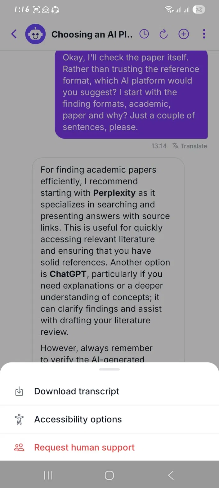 AI study assistant menu with options to download the transcript, change accessibility settings or request human support
