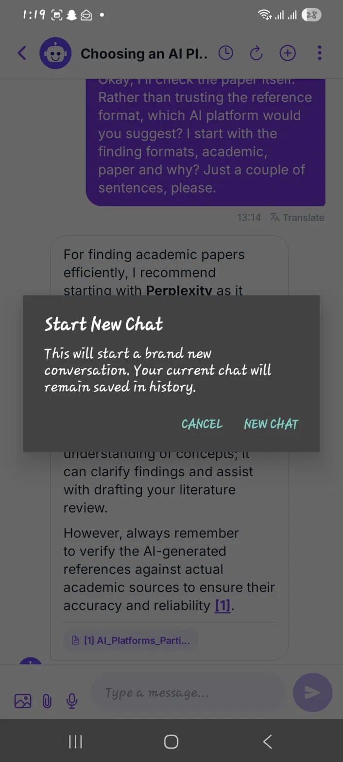 Starting a new chat with the AI study assistant while the previous conversation stays saved in history