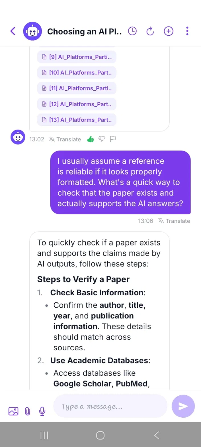 AI study assistant answer on mobile with numbered source citations and a participant follow-up question