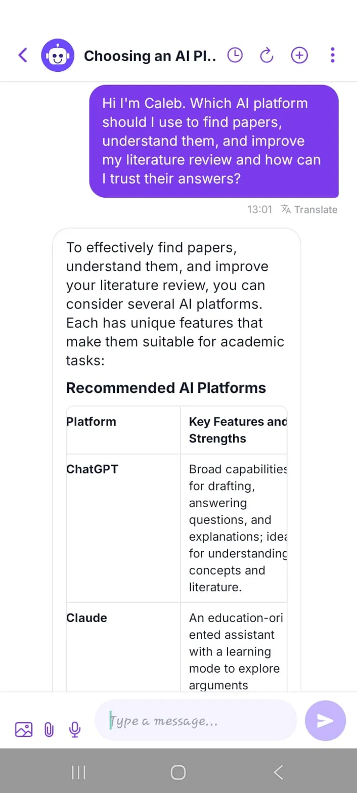 Research participant asking an AI study assistant a question on mobile and receiving a structured answer
