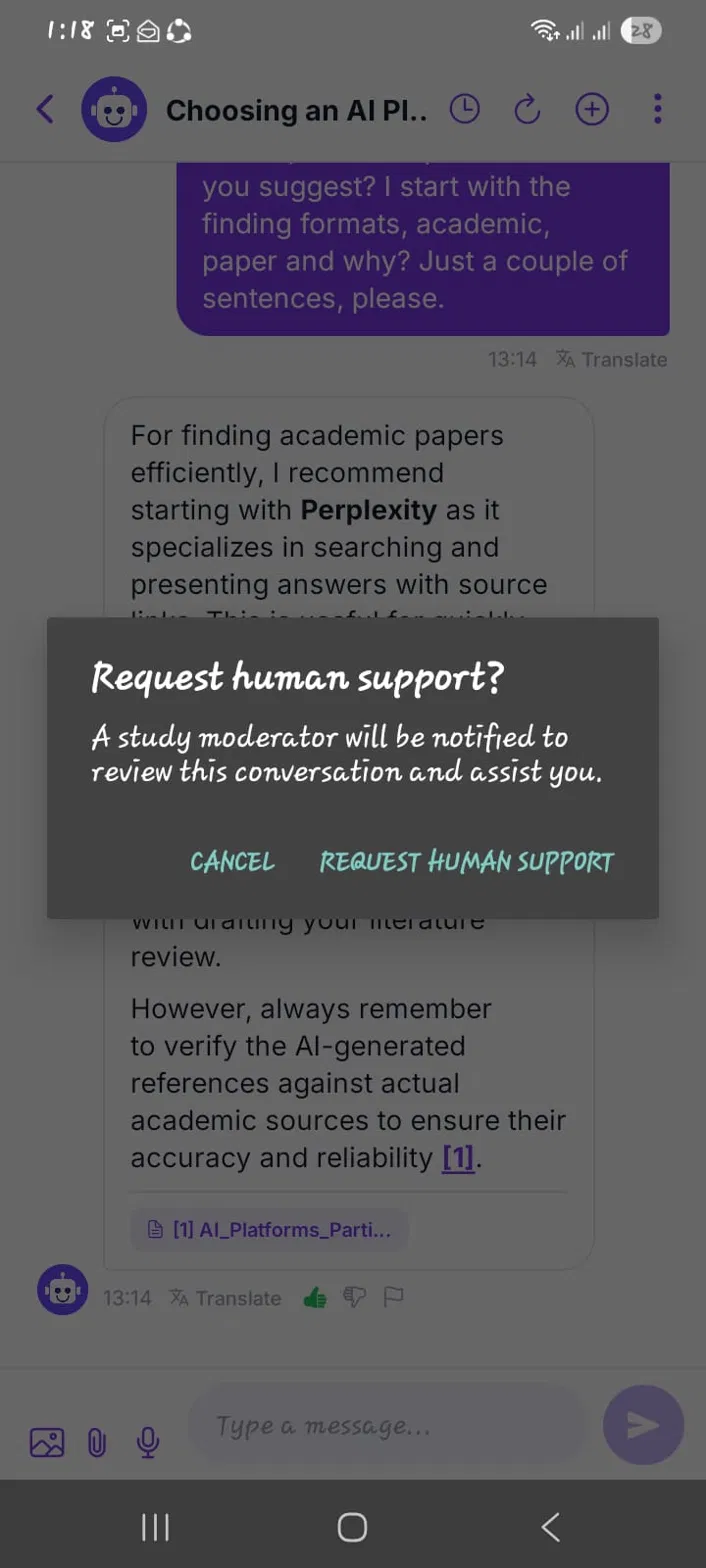 Participant requesting human support from a study moderator inside the AI study assistant chat
