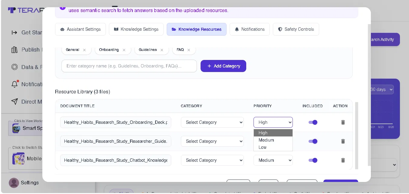Knowledge resource library for an AI study assistant with study files sorted by category, priority and inclusion