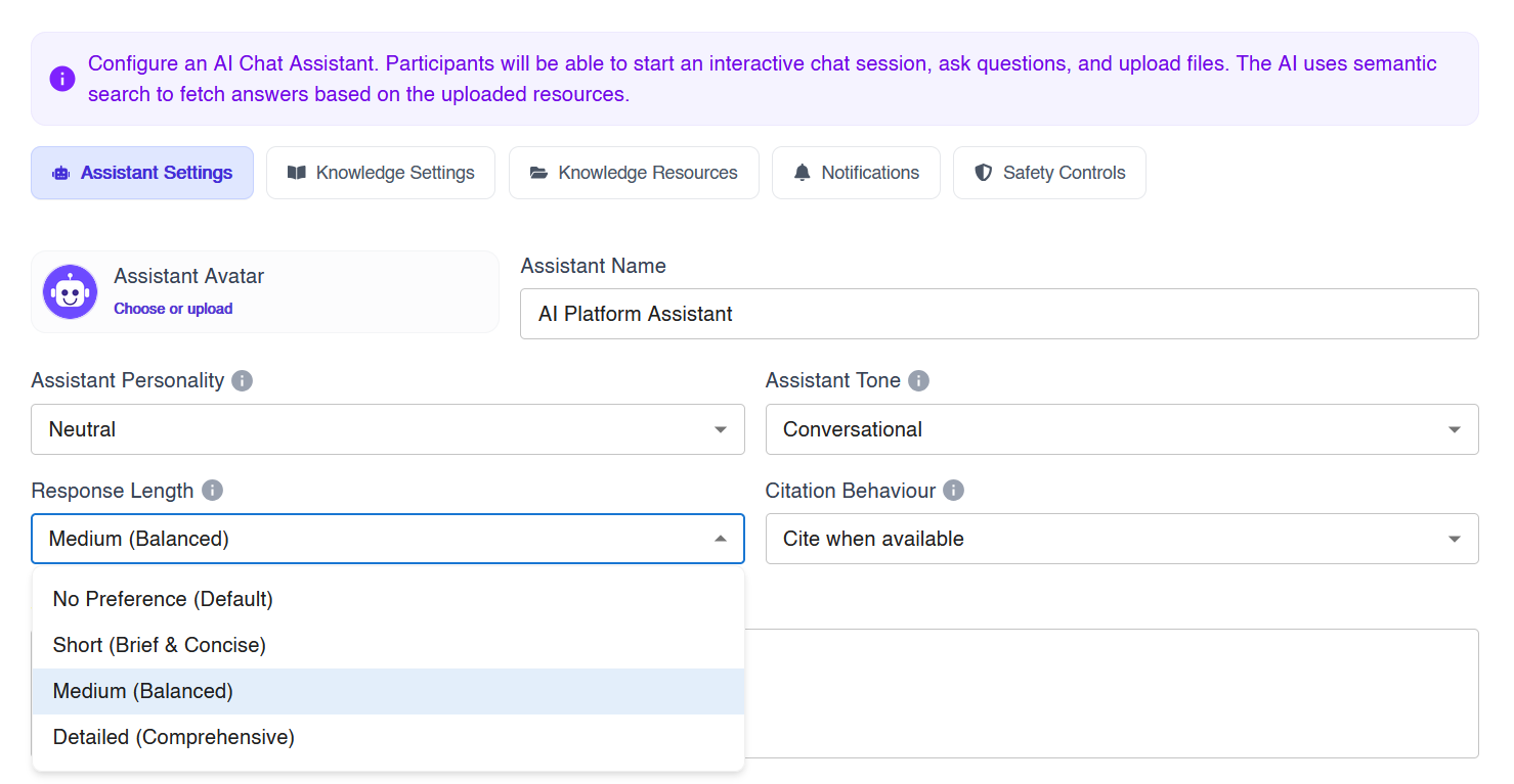 AI study assistant response length settings with short, medium and detailed answers