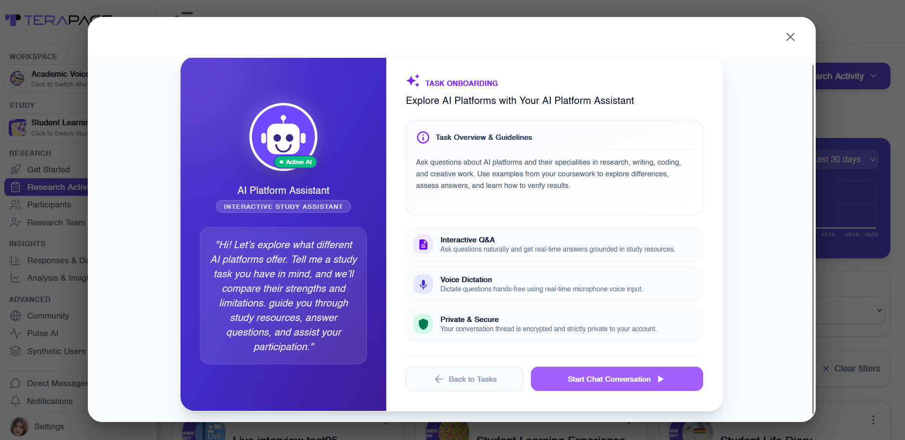 Task onboarding screen introducing the AI study assistant to research participants with guidelines, interactive Q&A, voice dictation and privacy