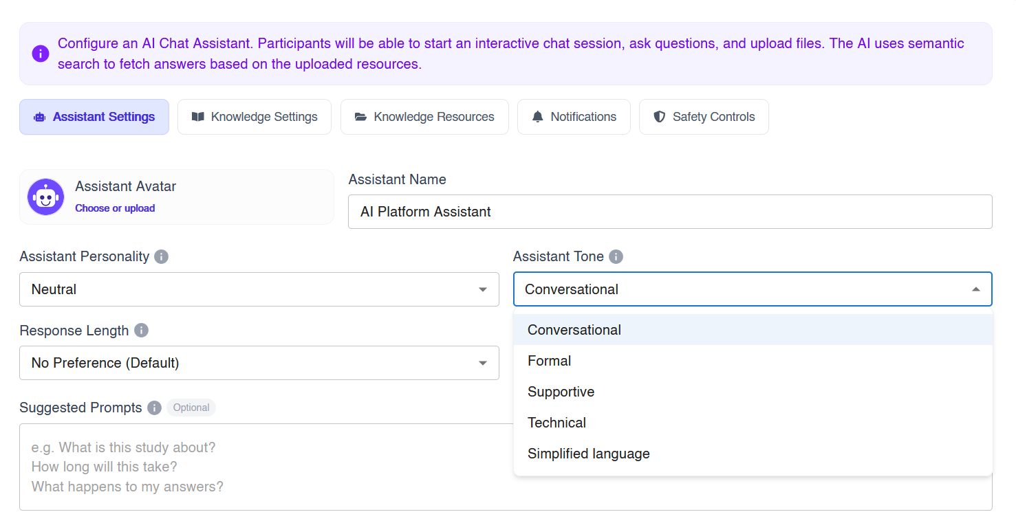 AI study assistant tone options: conversational, formal, supportive, technical and simplified language