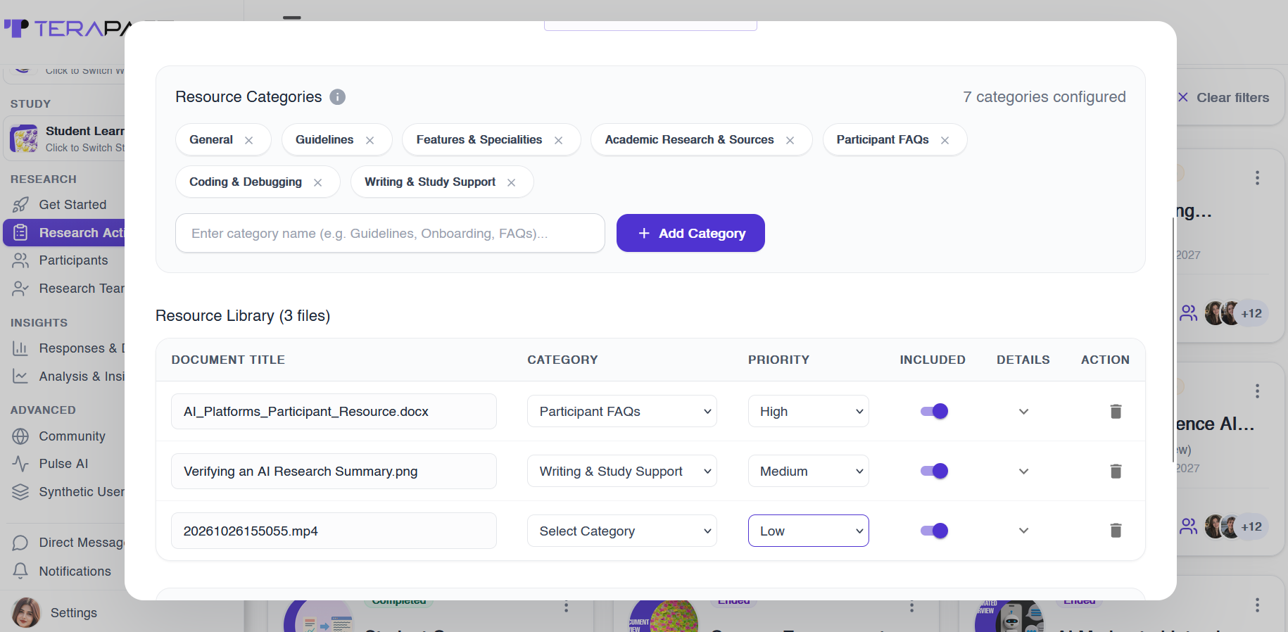 Uploading knowledge resources for an AI study assistant and organising them by category and priority