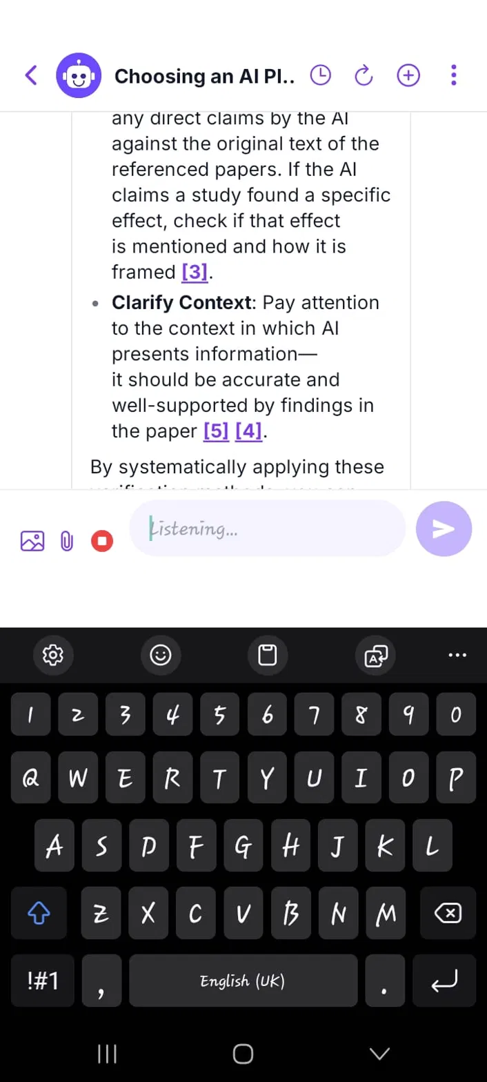Participant using voice dictation to ask the AI study assistant a question on mobile