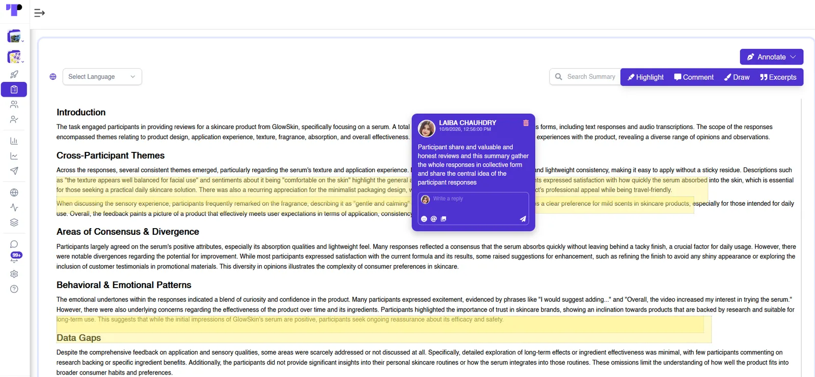 AI-generated summary of a skincare study with highlighted passages and a team comment added through the Annotate tools
