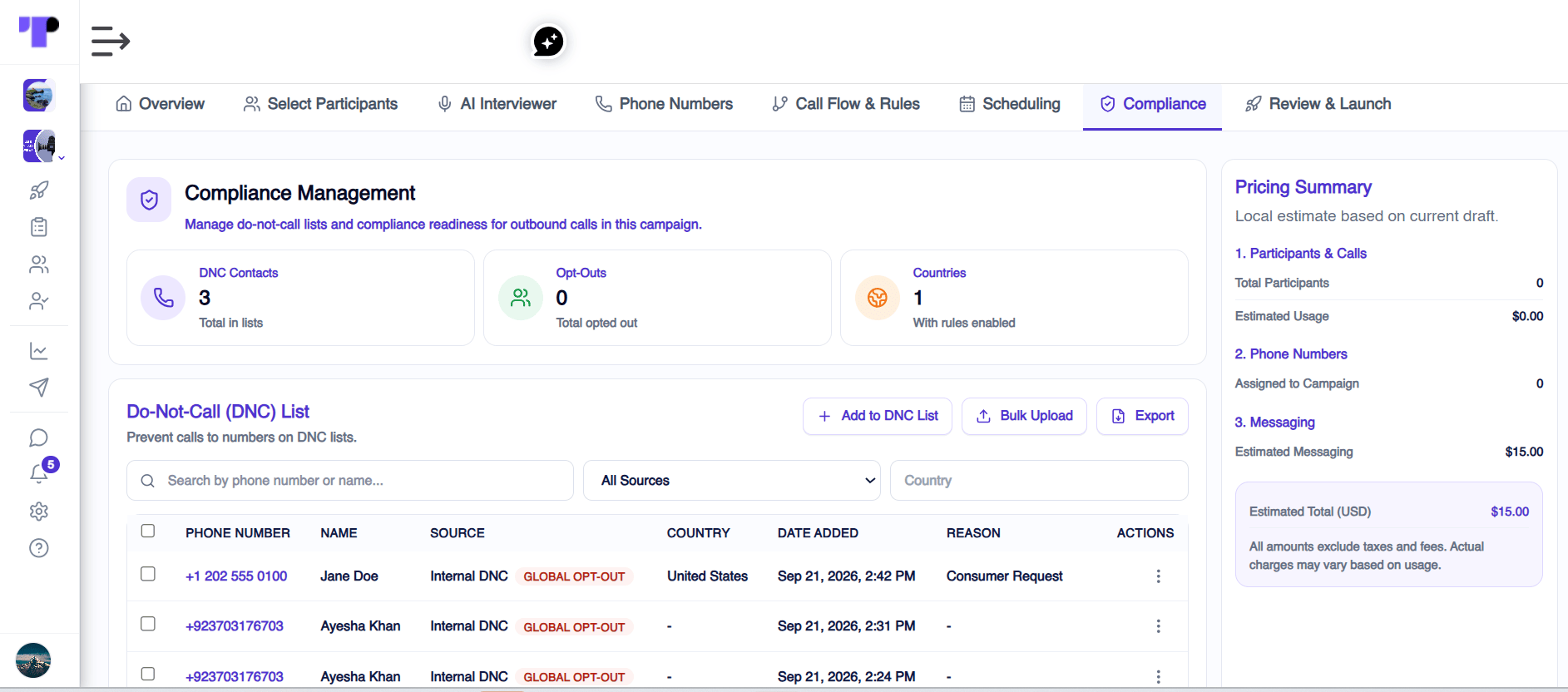 Compliance management for AI-moderated telephone interviews with a Do-Not-Call list, opt-outs and country rules