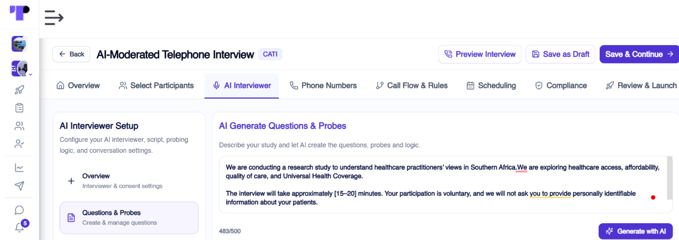 Study prompt setup for an AI-moderated telephone interview where AI generates questions from research logic, probing, and objectives