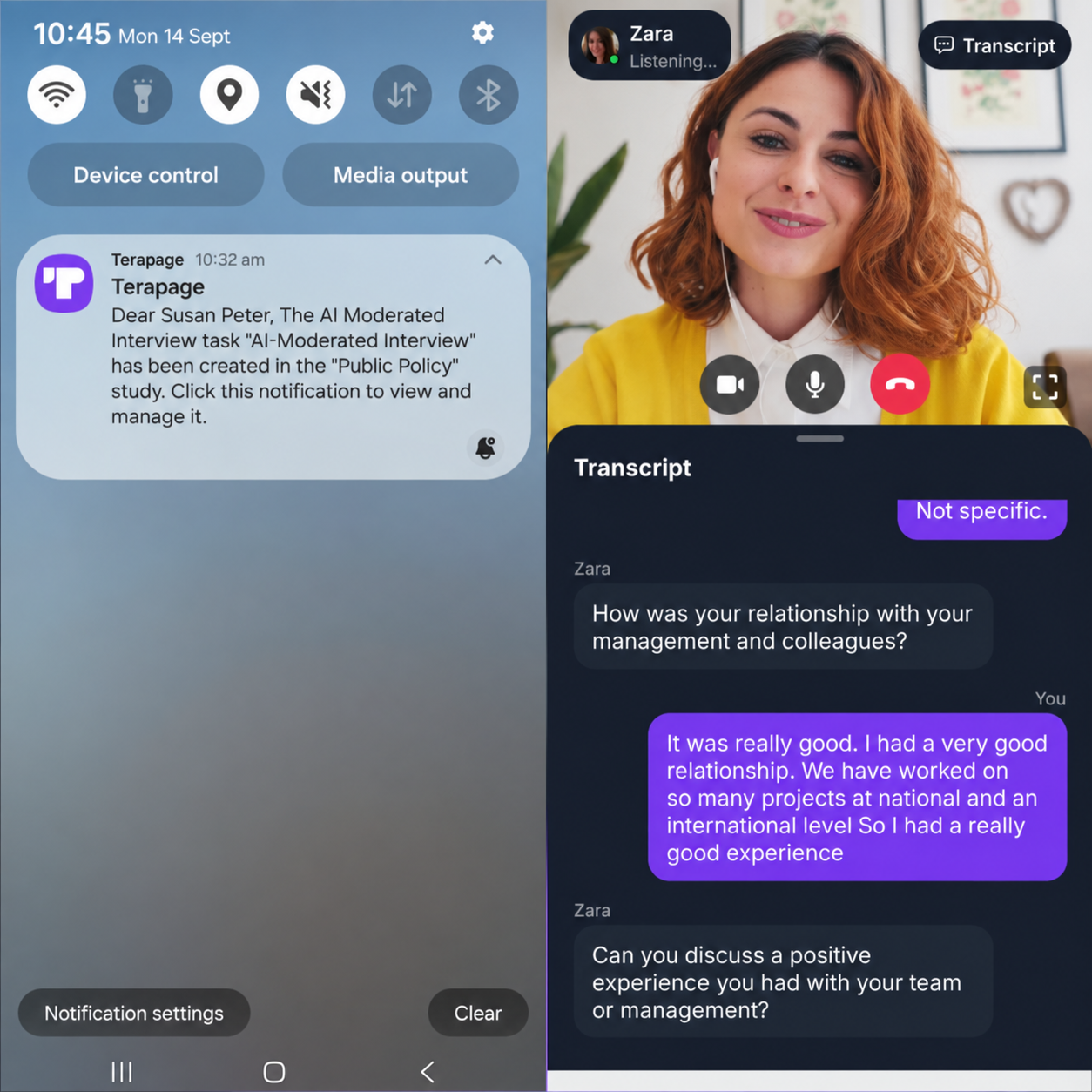 AI moderator in a mobile video interview probing a candidate about relationships with management and colleagues