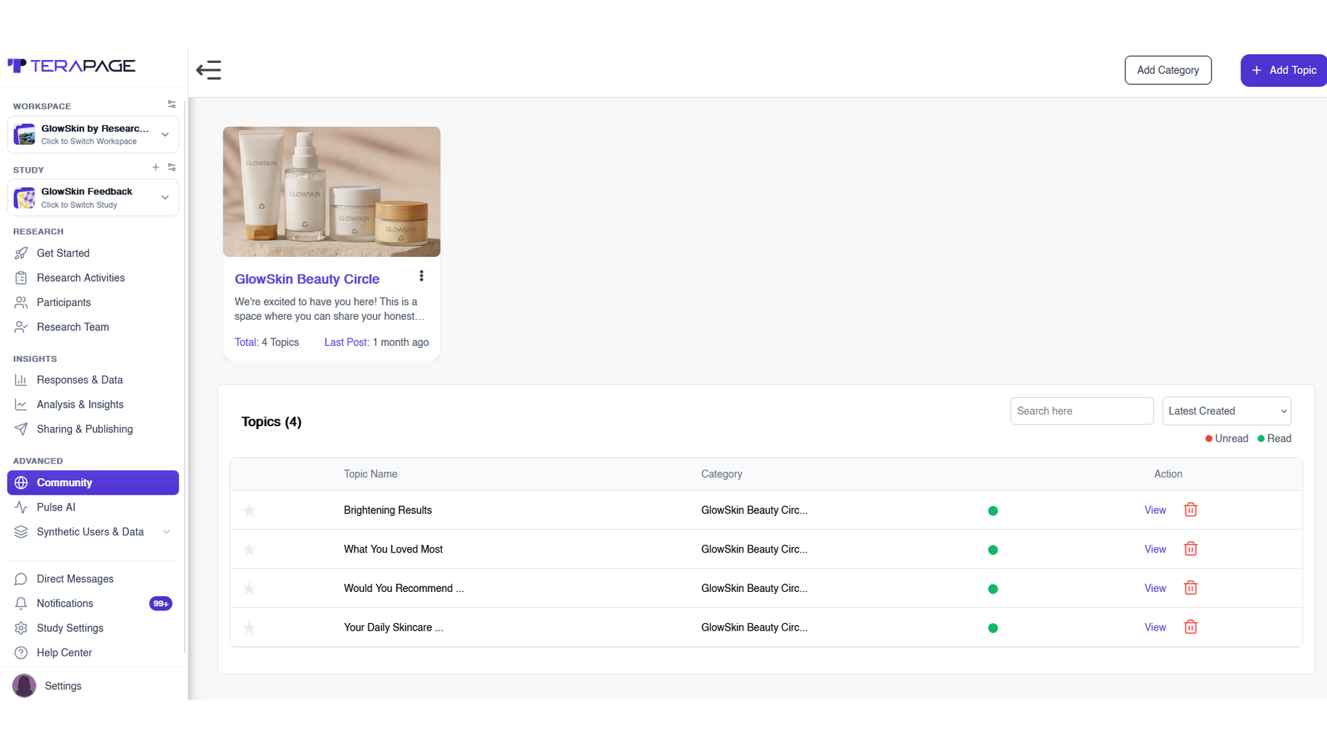 Researcher view of an insight community discussion board with categories, topics, and read and unread tracking