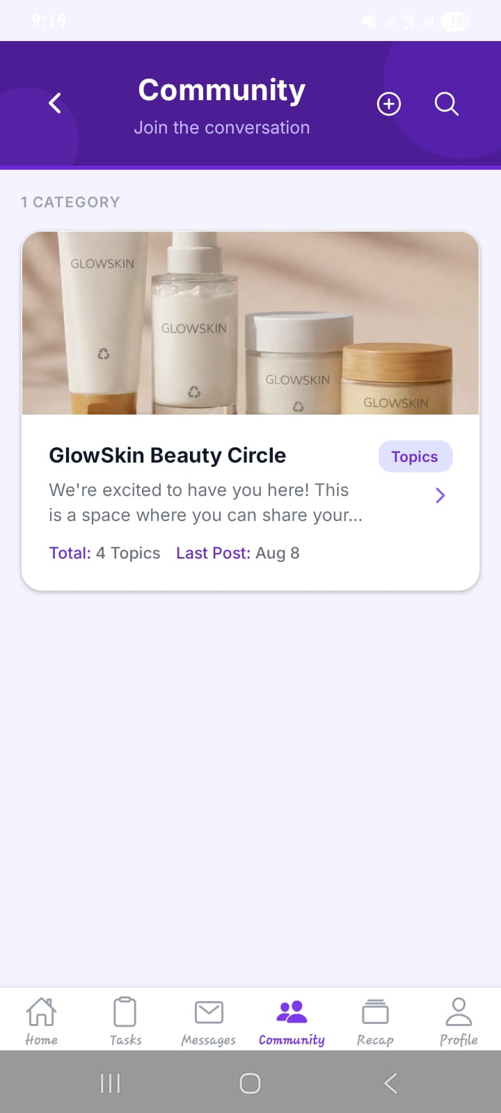 Community tab in the mobile app where insight community members browse discussion categories